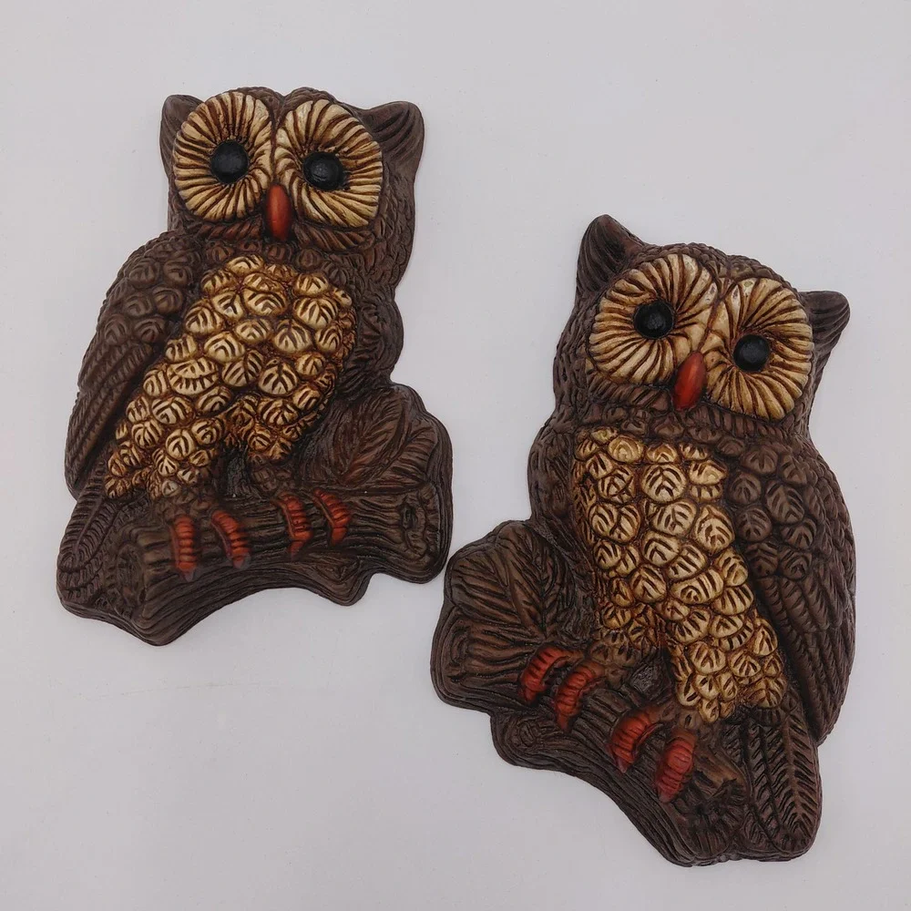 Vintage Owl Wall Hanging Plaques Set 2 Brown 70s Nature Decor 7.5